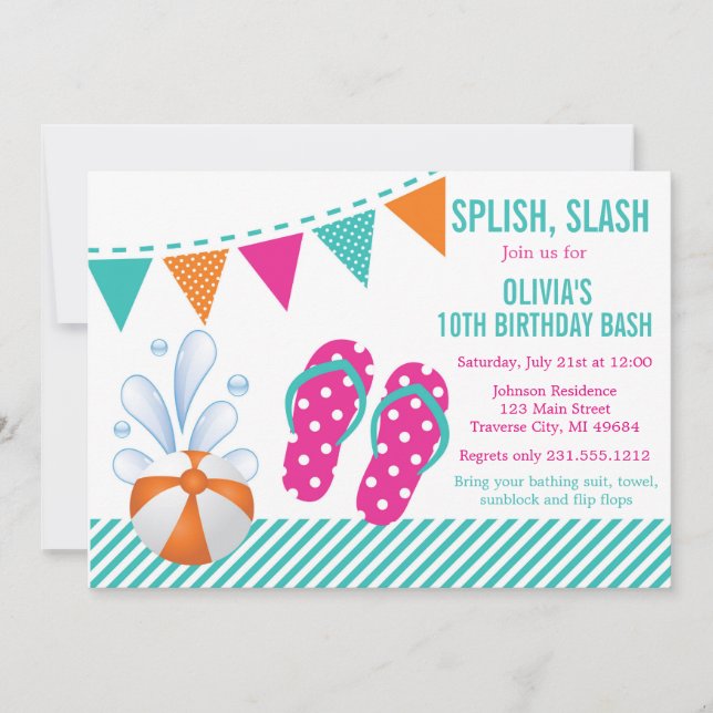 Pool or Beach Birthday Party Invitation Flip Flops (Front)