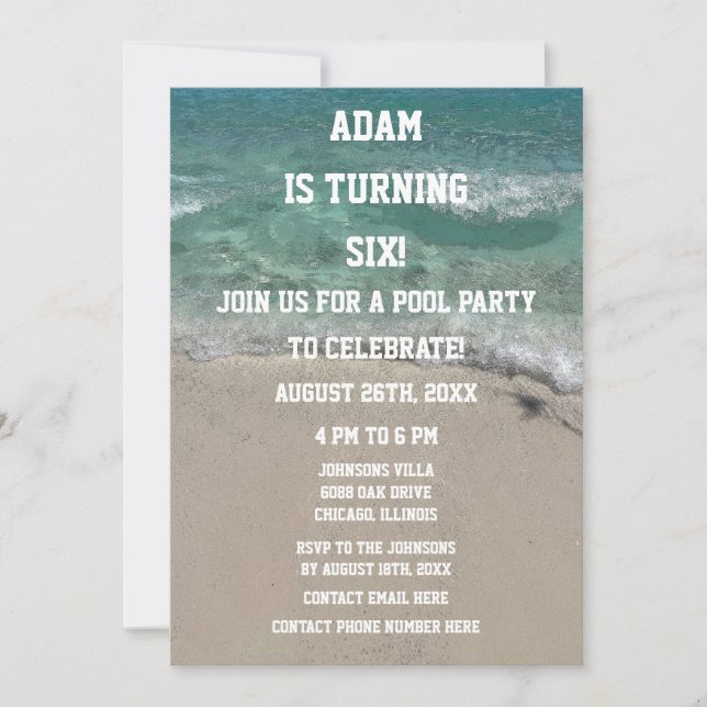 Pool Party 6th Birthday Sixth Beach Water Art Cool Invitation (Front)