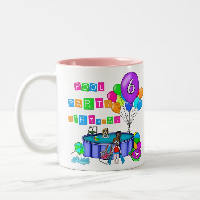 Pool Party 6th Birthday Two-Tone Coffee Mug (Left)