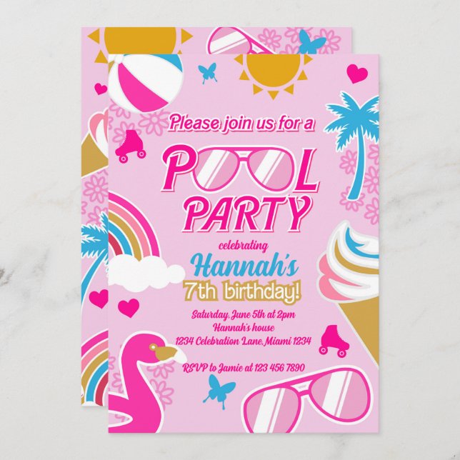 Pool Party 7th Birthday Girl Malibu Doll summer Invitation (Front/Back)