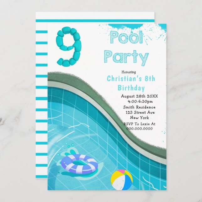 Pool Party 9th Birthday Party Invitations (Front/Back)