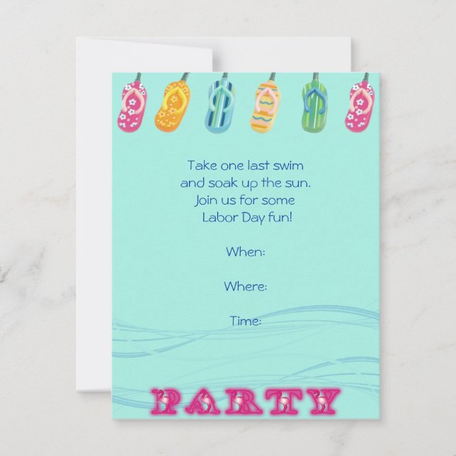 Pool Party and Flip Flops on Blue Wave Background Invitation (Front)