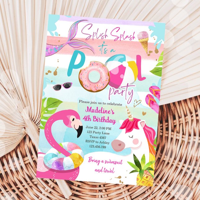 Pool Party Bash Unicorn Mermaid Flamingo Birthday Invitation (Creator Uploaded)
