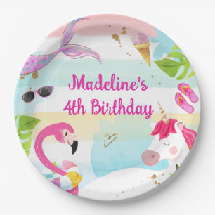 Pool Party Bash Unicorn Mermaid Flamingo Birthday Paper Plate