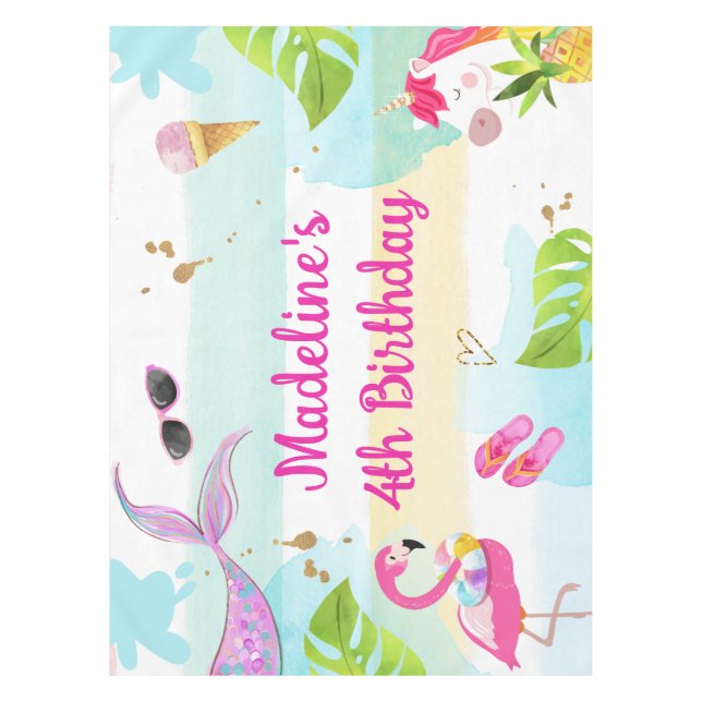 Pool Party Bash Unicorn Mermaid Flamingo Birthday Tablecloth (Front)
