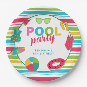 Pool Party Birthday Colourful Summer Kids Cute Paper Plate