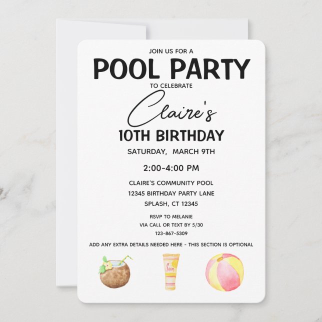 Pool Party Birthday Girl Party Invitation (Front)