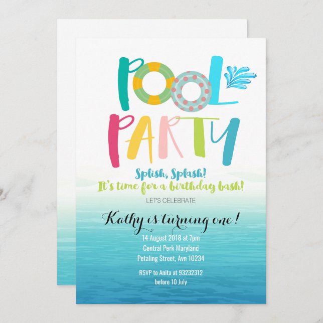 Pool Party Birthday Invitation (Front/Back)
