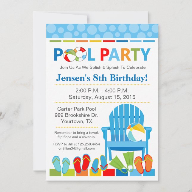 Pool Party Birthday Invitation and Swim Party (Front)
