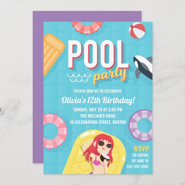 Pool Party Birthday Invitation | Blue Purple (Front/Back)