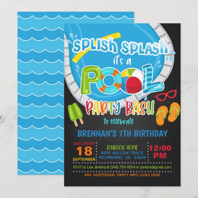 Pool Party Birthday Invitation - Boy BL (Front/Back)