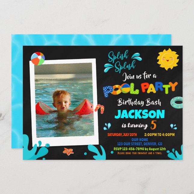 Pool party birthday invitation Boy photo summer (Front/Back)