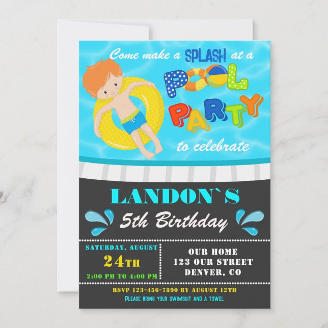 Pool party birthday invitation Boy pool invite (Front)