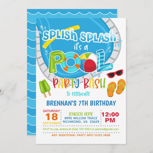 Pool Party Birthday Invitation - Boy WH (Front/Back)