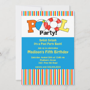 Pool Party Birthday Invitation Bright Stripes!
