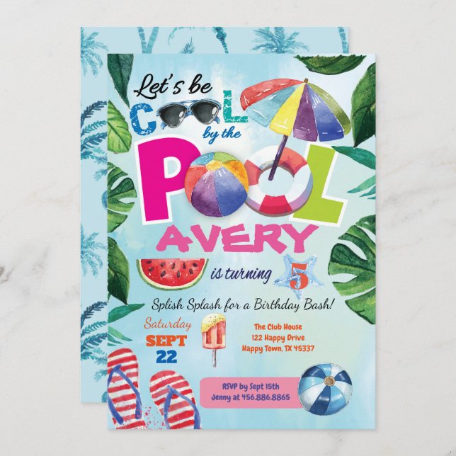 Pool party birthday invitation for Kid chlildren (Front/Back)