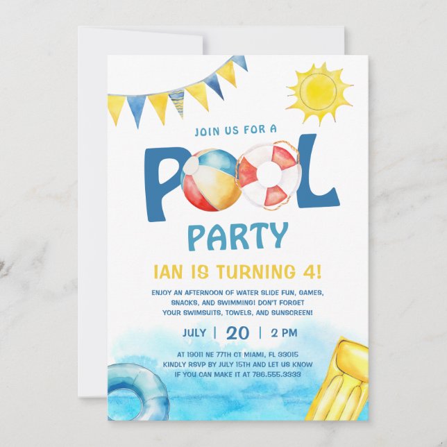 Pool Party Birthday Invitation Fun Splish Splash (Front)
