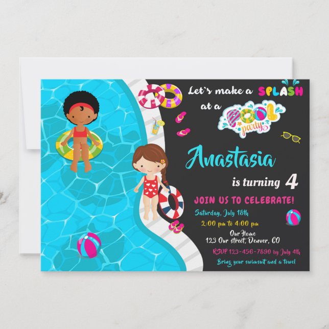 Pool party birthday invitation Girl pool invite (Front)