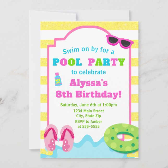 Pool Party Birthday Invitation Girl Swim Party (Front)