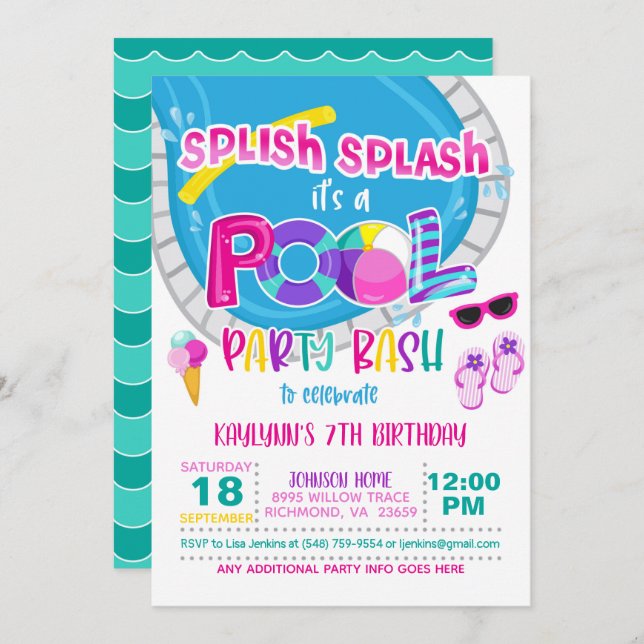 Pool Party Birthday Invitation - Girl WH (Front/Back)