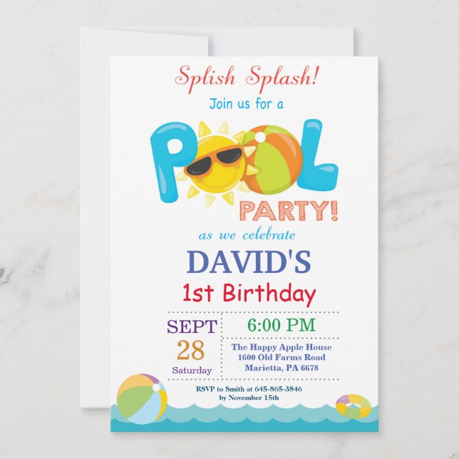 Pool Party Birthday Invitation Splish Splash Boy (Front)