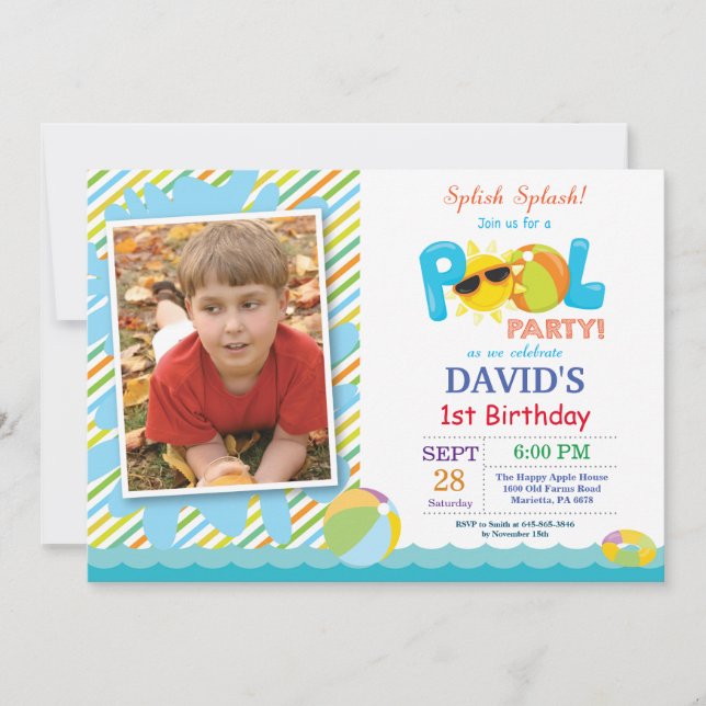 Pool Party Birthday Invitation Splish Splash Boy (Front)