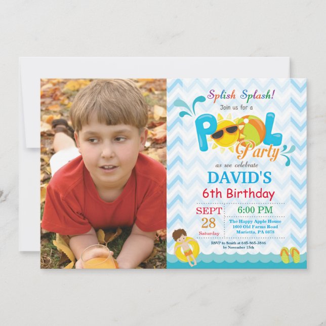 Pool Party Birthday Invitation Splish Splash Boy (Front)