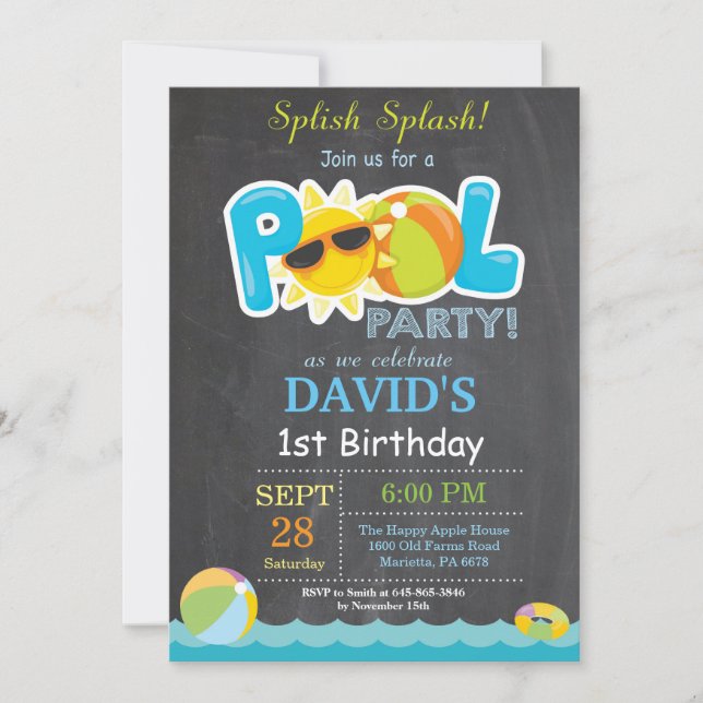 Pool Party Birthday Invitation Splish Splash Boy (Front)