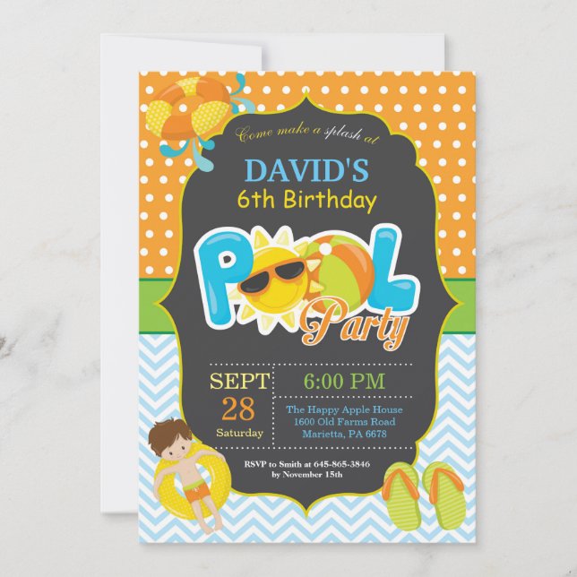 Pool Party Birthday Invitation Splish Splash Boy (Front)