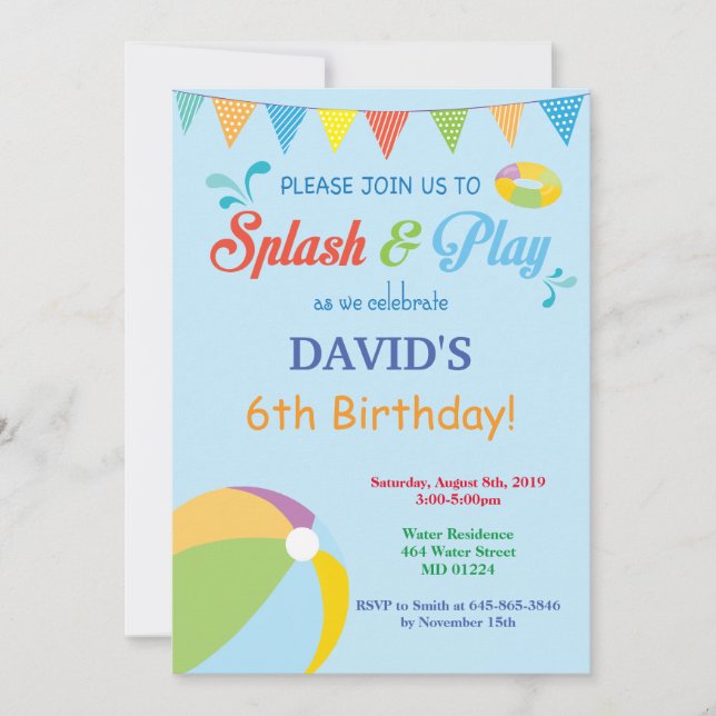 Pool Party Birthday Invitation Splish Splash Boy (Front)