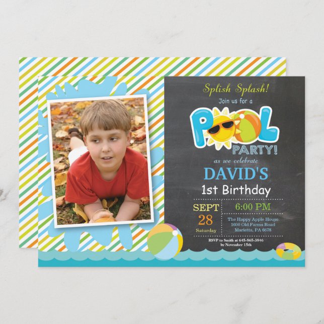 Pool Party Birthday Invitation Splish Splash Boy (Front/Back)