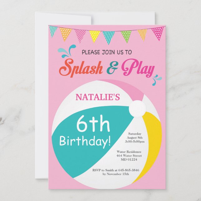 Pool Party Birthday Invitation Splish Splash Girl (Front)