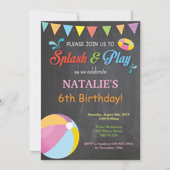 Pool Party Birthday Invitation Splish Splash Girl (Front)