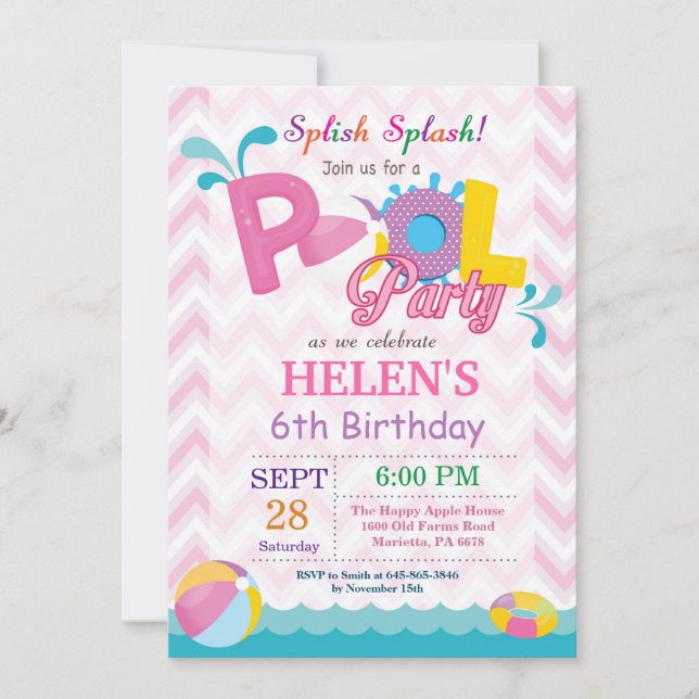 Pool Party Birthday Invitation Splish Splash Girl (Front)