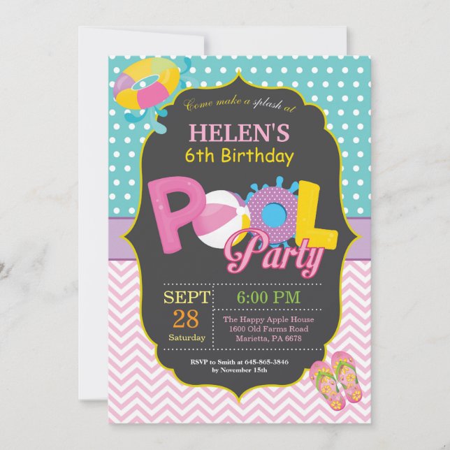 Pool Party Birthday Invitation Splish Splash Girl (Front)