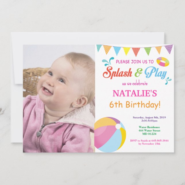 Pool Party Birthday Invitation Splish Splash Girl (Front)