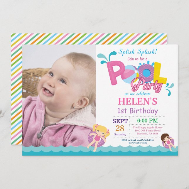 Pool Party Birthday Invitation Splish Splash Girl (Front/Back)