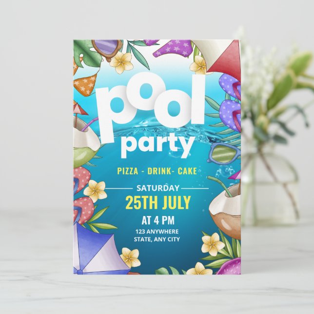 Pool Party Birthday Invitation, Summer party  Invitation (Standing Front)