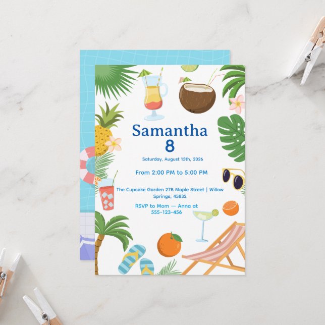Pool Party Birthday Invitation - Summer Theme (Front/Back In Situ)