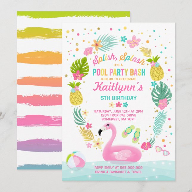 Pool Party Birthday Invitation Tropical Flamingo (Front/Back)