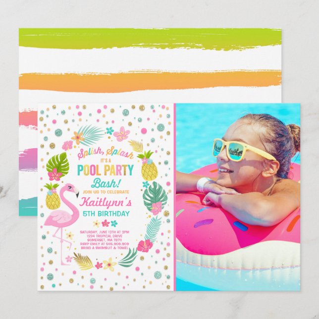 Pool Party Birthday Invitation Tropical Flamingo (Front/Back)