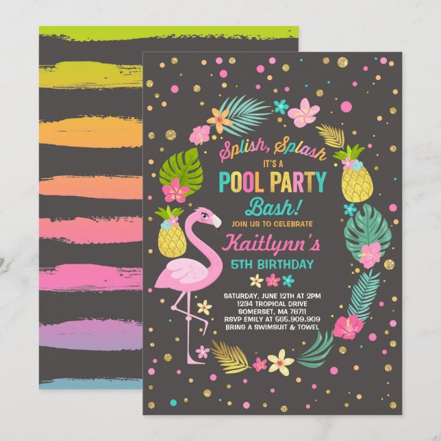 Pool Party Birthday Invitation Tropical Flamingo (Front/Back)