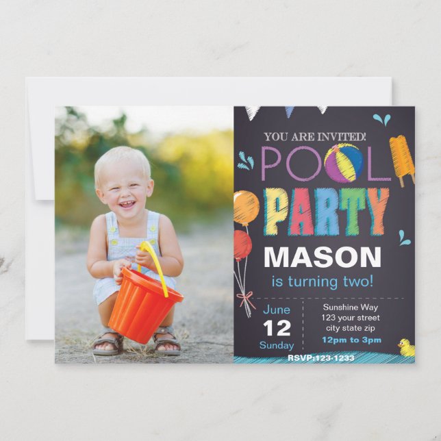 Pool Party Birthday Invitation with photo (Front)
