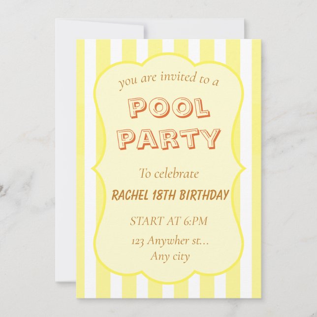 Pool Party Birthday Invitation Yellow Stripe (Front)
