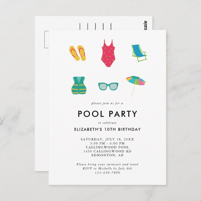 Pool Party Birthday Minimal Simple Colourful Cute Postcard (Front/Back)