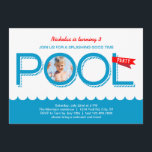 Pool Party Birthday Photo Invitation<br><div class="desc">This modern and eye-catching birthday party invitation is ideal to celebrate a pool party at any age. It features the word "pool" in a big font and a flag with the word party. Add a photo of the birthday boy or girl. A summer colour combination adds a fresh look. Add...</div>