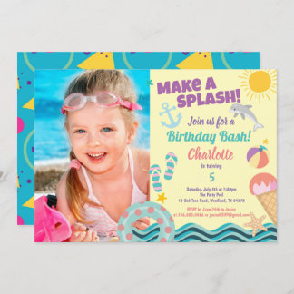 Pool party birthday photo invitation for girl