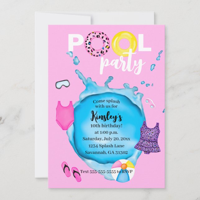Pool Party Birthday Splash Leopard Swimsuit Invitation (Front)