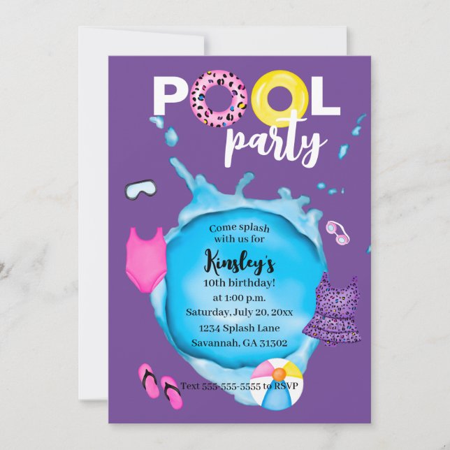 Pool Party Birthday Splash Leopard Swimsuit Purple Invitation (Front)