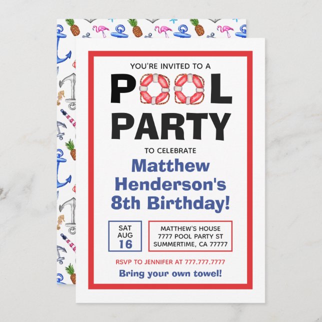 Pool Party Birthday Summer Invitation (Front/Back)